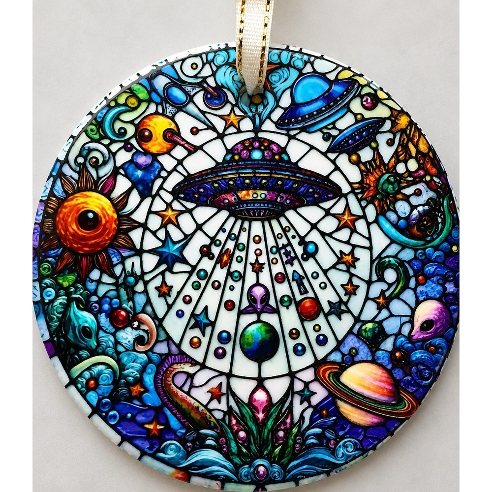 C0074-6" Double Sided Ceramic Space UFO Alien Christmas Ornament Stained Glass